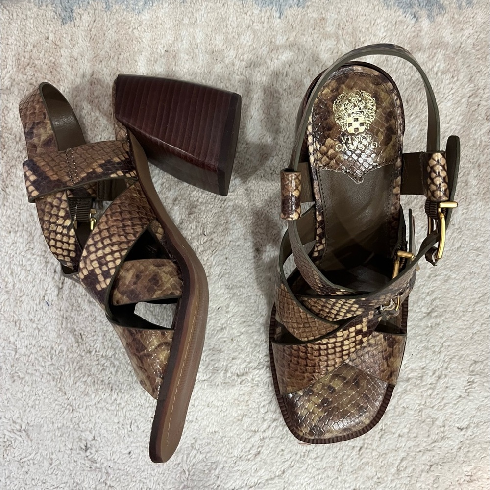 Vince Camuto Brown Snake-Print Buckle Block Heel Sandals - Picture 5 of 8